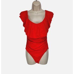 LA BLANCA Women Size 12 Red Ruffle Swimsuit Crew Neck Ruffle Sleeve 270P